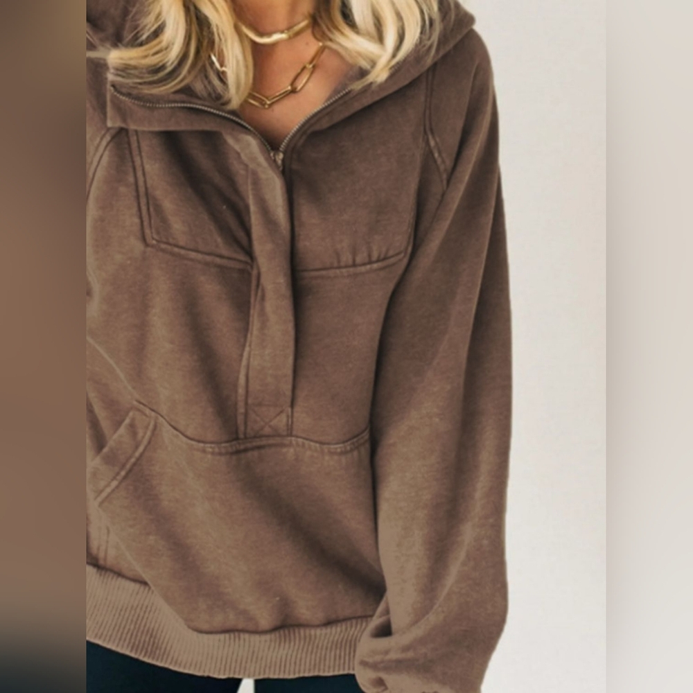 Half Zip Kangaroo Pocket Long Sleeve Hoodie - Picture 2 of 6